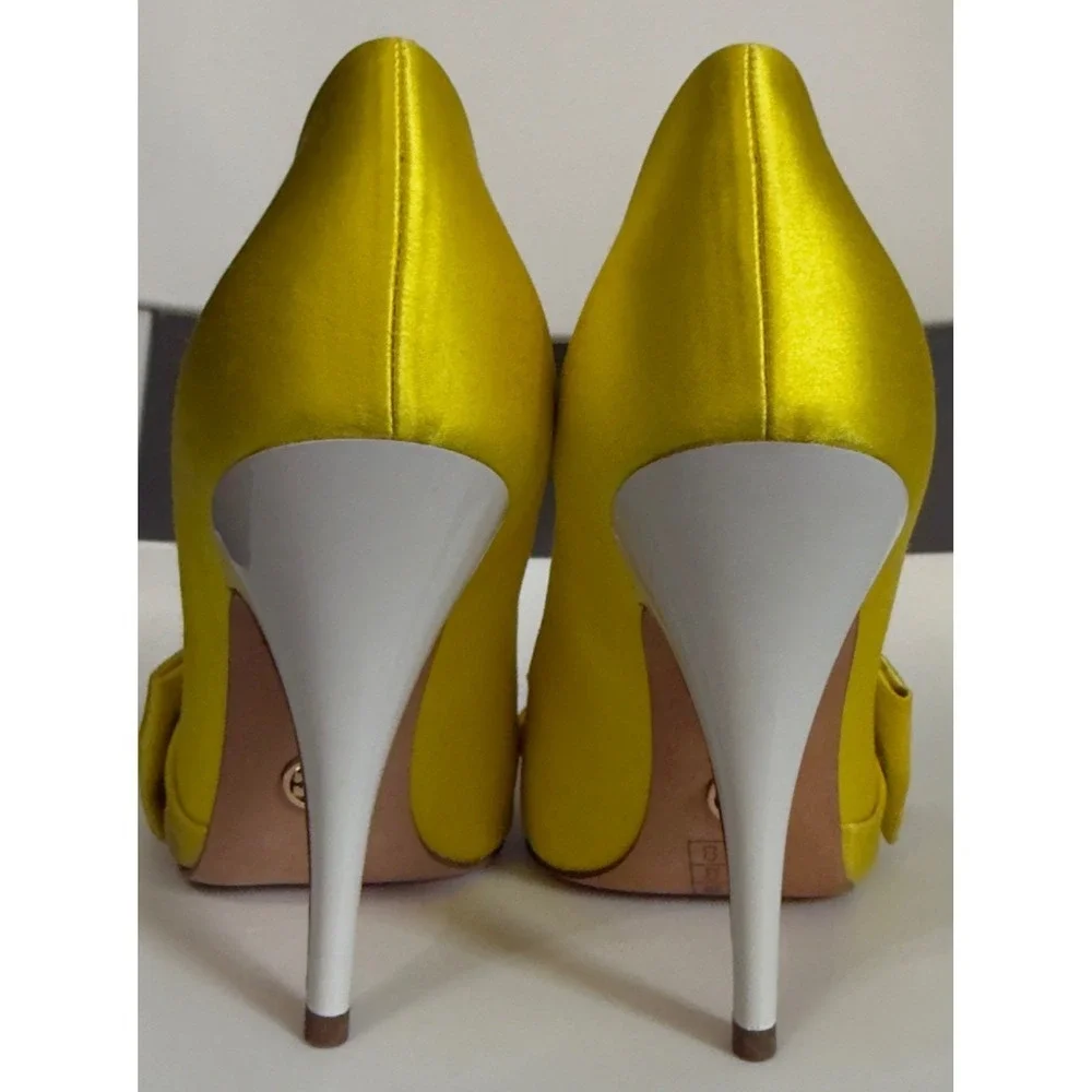 Tory‎ Burch Yellow Satin Bow Pointed Toe Pumps White Stiletto Heels Womens 5.5